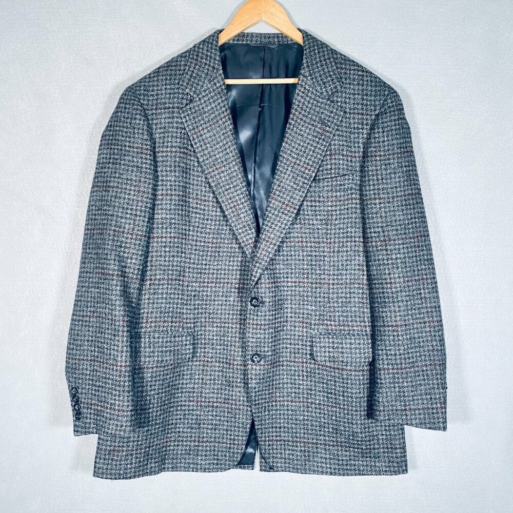 Vintage 90s Blazer Mens 46L Gray Wool Sport Coat Jacket Houndstooth Old Money